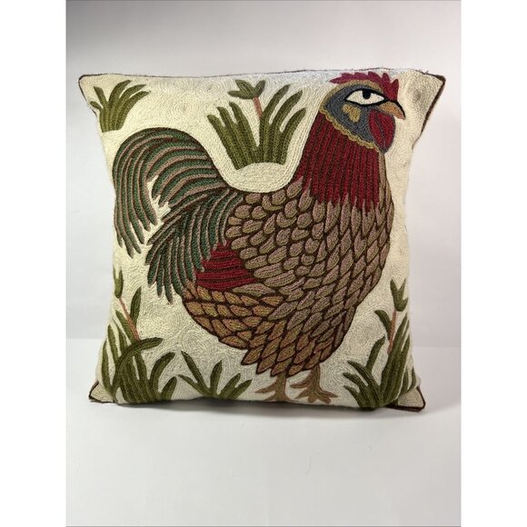 Needlepoint Crewel Embroidery Rooster Hen Farm Animal Square Throw Pillow 16” - Picture 1 of 2